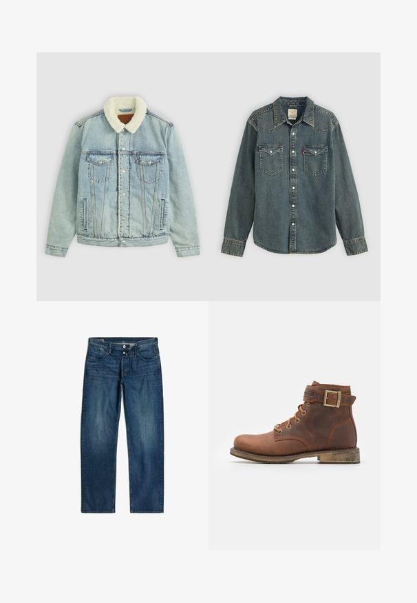 Chaqueta de denim azul claro con un cuello de peluche blanco. Presenta bolsillos en el pecho, botones a presión y un ajuste relajado con detalles de costura visibles.; Camisa de denim de manga larga, con botones en la parte delantera, dos bolsillos en el pecho y un lavado azul oscuro. Presenta un cuello con puntas y costuras de contraste.; Jeans de mezclilla azul oscuro con un diseño de pierna recta, cinco bolsillos y acentos de botones metálicos. Textura suave con un ligero desvanecimiento en la parte frontal.; Harley Davidson VNTGMOTO SHORT RIDING APPROVED - Botines camperos - brown