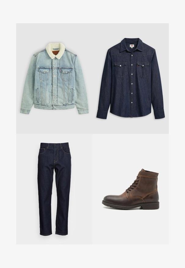 Lyseblå denimjakke med en fluffy, hvid krave. Har brystlommer, trykknapper og en afslappet pasform med synlige sydetaljer.; Mørkeblå denimskjorte med spids krave, trykknapper og brystlommer. Har syningsdetaljer og lange ærmer.; Mørkeblå denimjeans med lige pasform, fem lommer og kontrasterende gul syning. Designet med en klassisk knap- og lynlåslukning.; Jack & Jones JFWDELANEY BOOT - Snørestøvletter - cognac