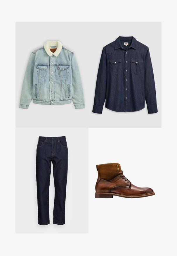 Chaqueta de denim azul claro con un cuello de peluche blanco. Presenta bolsillos en el pecho, botones a presión y un ajuste relajado con detalles de costura visibles.; Camisa de mezclilla azul oscuro con cuello puntiagudo, botones a presión y bolsillos en el pecho. Cuenta con detalles de costura y mangas largas.; Vaqueros de mezclilla azul oscuro con corte recto, cinco bolsillos y costuras amarillas en contraste. Diseñados con un cierre clásico de botón y cremallera.; Kazar ALID - Botines con cordones - brown