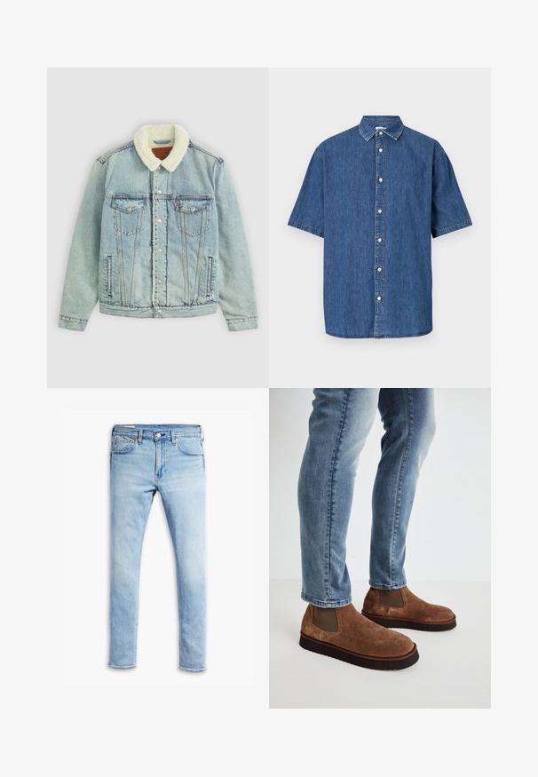 Hellblaues Denim-Jackett mit einem flauschigen, weißen Kragen. Verfügt über Brusttaschen, Druckknöpfe und einen relaxed Fit mit sichtbaren Nähdetails.; Kurzärmliges Denim-Shirt in Dunkelblau. Verfügt über eine durchgehende Knopfleiste, klassischen Kragen und gestichelte Details entlang der Kanten.; Himmelblaue Slim-Fit-Denim-Jeans mit fünf Taschen, Knopfverschluss und Gürtelschlaufen, flach auf einem weißen Hintergrund präsentiert.; Braune Wildlederschuhe mit elastischen Seitenteilen und dicken schwarzen Gummisohlen, kombiniert mit hellblauen Slim-Fit-Jeans.