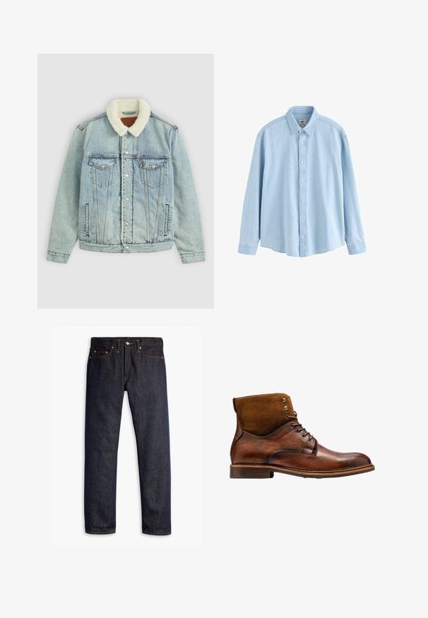 Lyseblå denimjakke med en fluffy, hvid krave. Har brystlommer, trykknapper og en afslappet pasform med synlige sydetaljer.; Lyseblå denimskjorte med lange ærmer, knapper og krave, medium størrelse, vist mod en hvid baggrund.; Mørkeblå denimjeans med lige pasform, fem-lomme design, kobbernitter, gul syning og et markant struktureret stof.; Kazar ALID - Snørestøvletter - brown