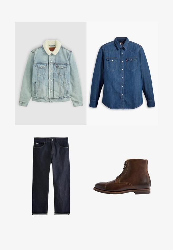 Chaqueta de denim azul claro con un cuello de peluche blanco. Presenta bolsillos en el pecho, botones a presión y un ajuste relajado con detalles de costura visibles.; Camisa de mezclilla en azul oscuro con mangas largas, cuello puntiagudo y botones a presión. Cuenta con dos bolsillos en el pecho con solapas y costuras en contraste.; Vaqueros de mezclilla azul oscuro con puños doblados, cierre de botón y cremallera, bolsillos delanteros y para monedas, y costuras en contraste sobre un fondo blanco.; Botín de cuero marrón hasta el tobillo con punta redondeada, diseño con cordones, costuras en contraste y un acabado suave. Suela plana y acentos mínimos.