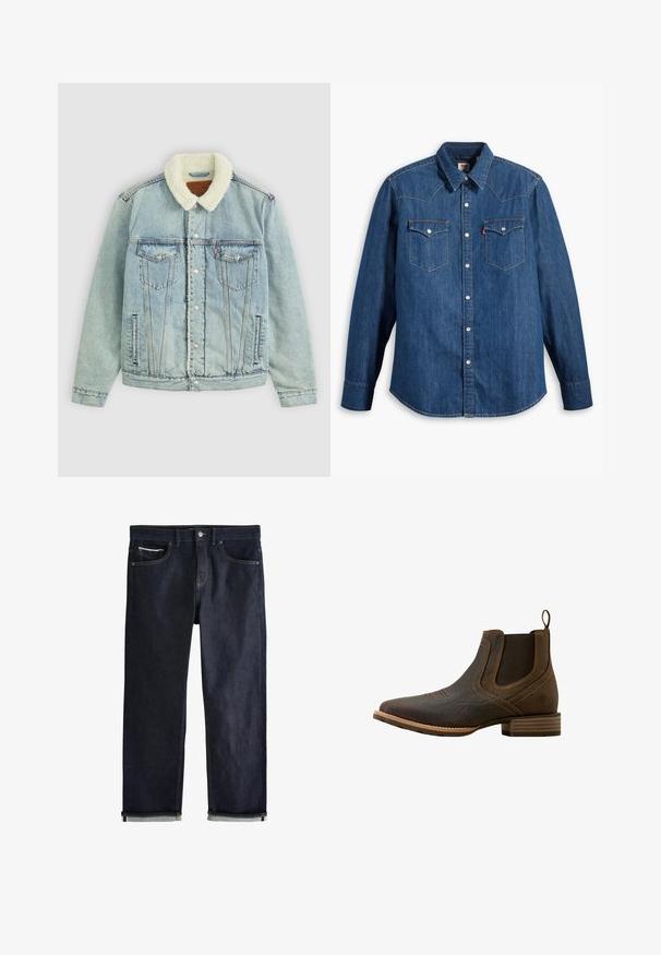 Lichtblauwe denimjack met een fuzzy, witte kraag. Heeft borstzakken, drukknoopsluitingen en een ontspannen pasvorm met zichtbare stikdetails.; Denim overhemd in donkerblauw met lange mouwen, puntige kraag en drukknoopsluiting. Bevat twee borstzakken met kleppen en contrasterende stiksels.; Donkerblauwe spijkerbroek met een klassieke rechte pasvorm, voorzien van vijf zakken, een knoopsluiting en opgerolde boorden met een lichtblauwe voering.; Bruine leren chelseaboot met elastische zijkanten, gestructureerd bovenwerk, subtiele stikdetails en een lage gestapelde hak.