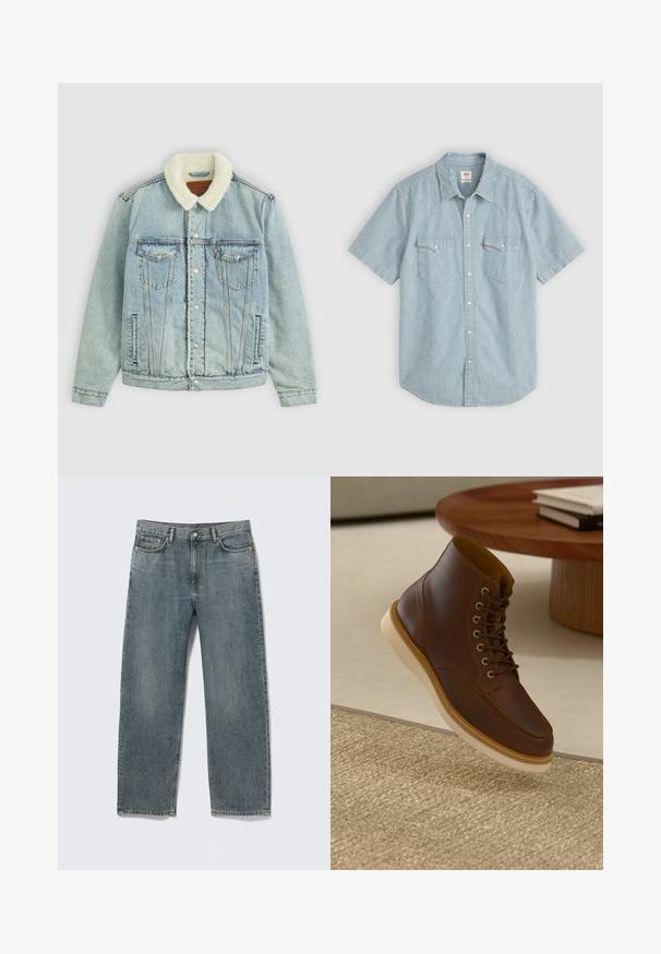 Hellblaues Denim-Jackett mit einem flauschigen, weißen Kragen. Verfügt über Brusttaschen, Druckknöpfe und einen relaxed Fit mit sichtbaren Nähdetails.; Kurzärmeliges Hemd in Hellblau mit weißen Streifen, ausgestattet mit einem traditionellen Kragen, zwei Brusttaschen und Knopfverschluss. Aus Baumwollmaterial.; Blau gerade geschnittene Denim-Jeans mit Vorder- und Gesäßtaschen, Gürtelschlaufen und Knopfverschluss, flach liegend auf weißem Hintergrund dargestellt.; Braune Leder-Ankle-Boots mit beiger Sohle auf einem strukturierten beigen Teppich neben einem runden Holztisch mit gestapelten Büchern.