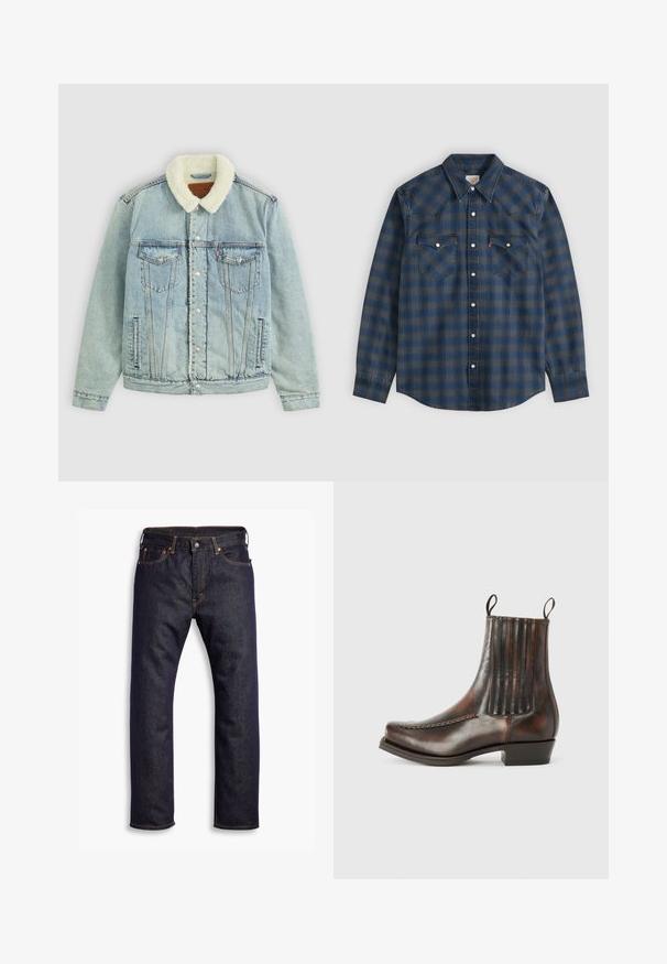 Lyseblå denimjakke med en fluffy, hvid krave. Har brystlommer, trykknapper og en afslappet pasform med synlige sydetaljer.; Langærmet blå og grå ternet skjorte med knapper, spids krave og to knaplukker på brystlommerne.; Mørkeblå lige ben denim jeans med fem lommer og orange kontrastsyning, lagt fladt ud mod hvid baggrund.; Brun læder ankelstøvle med en glat overflade, elastiske sidepaneler, en rund tå, dekorativ syning og en lav blokhæl.