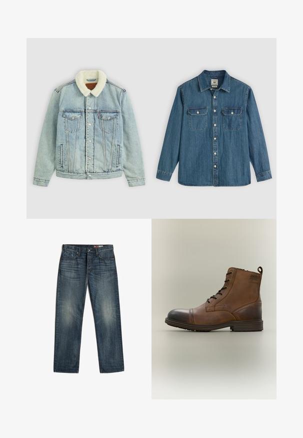 Hellblaues Denim-Jackett mit einem flauschigen, weißen Kragen. Verfügt über Brusttaschen, Druckknöpfe und einen relaxed Fit mit sichtbaren Nähdetails.; Blaues Denimhemd mit langen Ärmeln, durchgeknöpft, zwei Brusttaschen und einem Kragen. Verfügt über Ziernähte und eine lockere Passform.; Dunkelblaue Straight-Leg-Denimjeans mit Fronttaschen und Knopfverschluss, die dezente ausgebleichte Bereiche an Oberschenkeln und Knien aufweisen.; Brauner Leder-Schnürstiefel bis zum Knöchel mit schwarzer Zehenkappe, runder Sohle und Markenlabel an der Seite vor schlichtem Hintergrund.