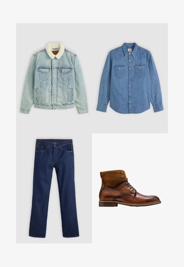 Lyseblå denimjakke med en fluffy, hvid krave. Har brystlommer, trykknapper og en afslappet pasform med synlige sydetaljer.; Langærmet blå denimskjorte med spids krave, knappet front og to brystlommer med knapklapper på ensfarvet baggrund.; Mørkeblå straight-leg jeans med fem lommer, knap- og lynlåslukning, samt orange syninger på en lys baggrund.; Kazar ALID - Snørestøvletter - brown