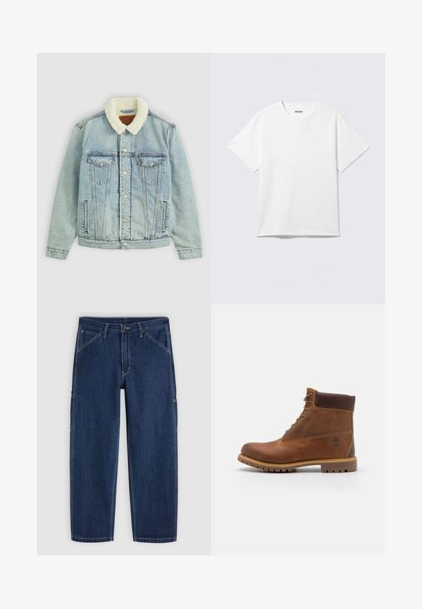 Hellblaues Denim-Jackett mit einem flauschigen, weißen Kragen. Verfügt über Brusttaschen, Druckknöpfe und einen relaxed Fit mit sichtbaren Nähdetails.; Weißes T-Shirt mit kurzen Ärmeln und Rundhalsausschnitt, flach liegend, schlichtes Design, mit „WEEKDAY“-Etikett innen im Kragen auf hellem Hintergrund.; Dunkelblaue Jeans mit geradem Bein, vorderem Knopf- und Reißverschluss, schrägen Vordertaschen und sichtbaren weißen Nähten.; Braune Lederwanderschuhe mit glatter Oberfläche, gepolstertem Knöchel, Metallösen und einer Gummisohle mit robustem Profil.