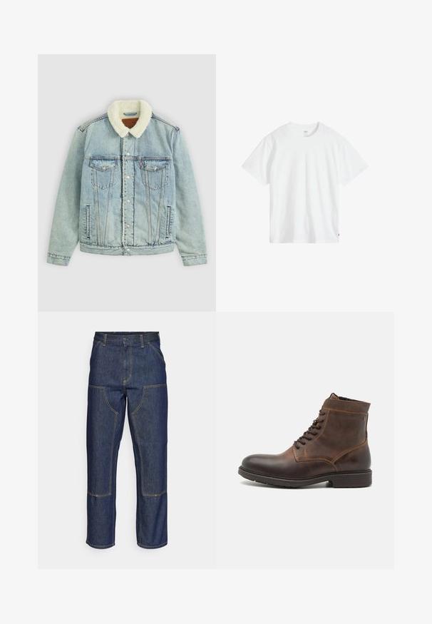 Hellblaues Denim-Jackett mit einem flauschigen, weißen Kragen. Verfügt über Brusttaschen, Druckknöpfe und einen relaxed Fit mit sichtbaren Nähdetails.; Weißes Baumwoll-T-Shirt mit Rundhalsausschnitt, kurzen Ärmeln und lockerer Passform. Verfügt über ein kleines Markenschild unten links.; Dunkelblaue Jeans aus Denim mit hoher Taille, geradem Bein-Design, kontrastierenden Nähten und aufgesetzten Taschen auf der Vorderseite.; Jack & Jones JFWDELANEY BOOT - Schnürstiefelette - cognac