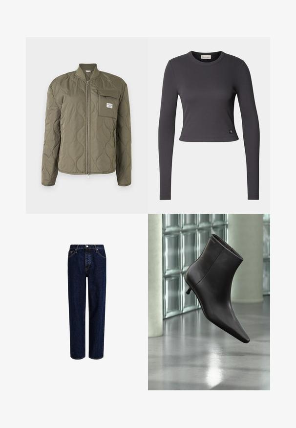 Chaqueta verde oliva acolchada con cremallera frontal, cuello acanalado y bolsillo en el pecho con solapa y etiqueta de la marca.; Top corto de manga larga en tela de canalé gris oscuro con cuello redondo y un pequeño parche de logo en el dobladillo. Textura suave, diseño ajustado.; Jeans de mezclilla azul oscuro con un diseño de pierna recta, que presentan una cintura alta, estilo de cinco bolsillos y costuras en contraste. Sin adornos.; Bota de cuero negro para el tobillo con puntera puntiaguda y tacón pequeño, exhibida frente a una pared de bloques de vidrio y un suelo pulido.