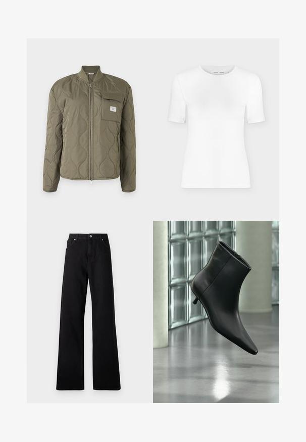 Chaqueta verde oliva acolchada con cremallera frontal, cuello acanalado y bolsillo en el pecho con solapa y etiqueta de la marca.; Camiseta blanca de manga corta con cuello redondo, ajuste slim y textura de tejido acanalado, mostrada sobre un fondo liso gris claro.; Jeans de pierna ancha negros fabricados en denim con diseño de cinco bolsillos, cierre frontal con botón y detalles de costura sutiles.; Botín negro de cuero con punta puntiaguda y tacón bajo estilo kitten, mostrado en ángulo sobre un suelo pulido y con una pared de bloques de vidrio de fondo.