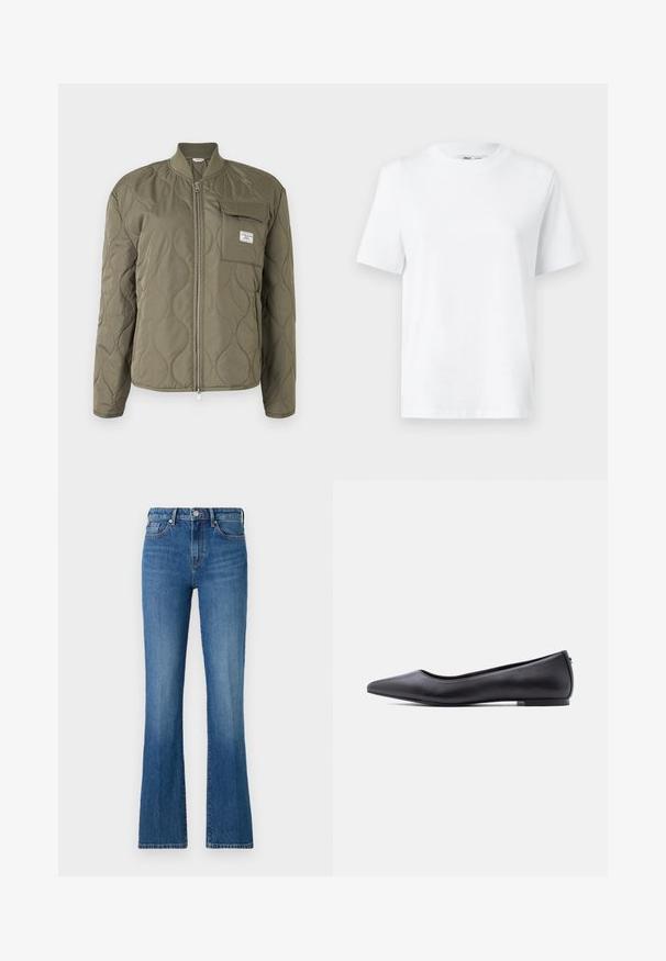 Chaqueta verde oliva acolchada con cremallera frontal, cuello acanalado y bolsillo en el pecho con solapa y etiqueta de la marca.; Camiseta de algodón blanca de cuello redondo con mangas cortas y una textura suave. Diseñada con un ajuste relajado para mayor comodidad y versatilidad.; Vaqueros acampanados azules de denim, con una cintura alta, cierre frontal de botón y diseño clásico de cinco bolsillos, con sutiles detalles de desgaste.; Zapato plano de cuero negro con punta puntiaguda y tacón bajo, mostrado de perfil contra un fondo blanco.