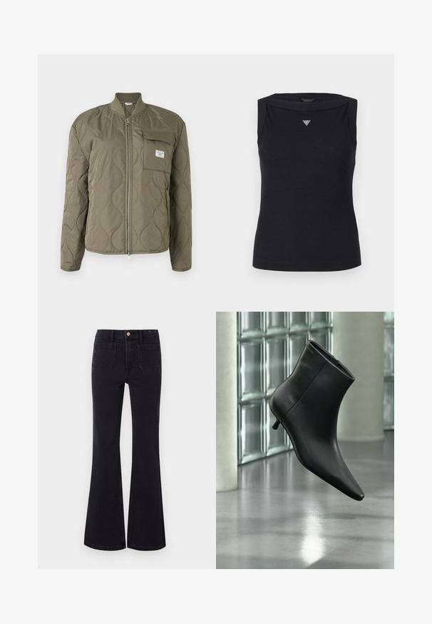 Veste matelassée vert olive avec fermeture éclair à l'avant, col côtelé et poche poitrine avec rabat et étiquette de marque.; Débardeur noir sans manches en coton, avec un col bateau et un petit logo triangulaire en cristal sur la poitrine. Texture lisse.; GAP FLARE TAYLORSON - Jean flare - basic black; Bottine en cuir noir à bout pointu et petit talon kitten, présentée en angle devant un sol poli et un mur en blocs de verre.