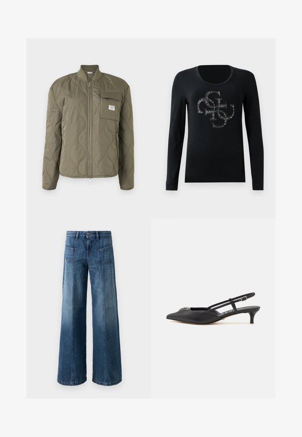 Chaqueta verde oliva acolchada con cremallera frontal, cuello acanalado y bolsillo en el pecho con solapa y etiqueta de la marca.; Camiseta negra de manga larga con un diseño decorativo que incluye letras estilizadas y acentos plateados. Tejido suave con un cuello redondeado.; Jeans de pierna ancha en un denim azul desgastado. Presentan cinco bolsillos, un cierre de botón y cremallera, con costuras visibles y un ajuste holgado.; Zapatos slingback negros con punta afilada, hechos de material suave, con un pequeño tacón y un acento decorativo plateado en el empeine.