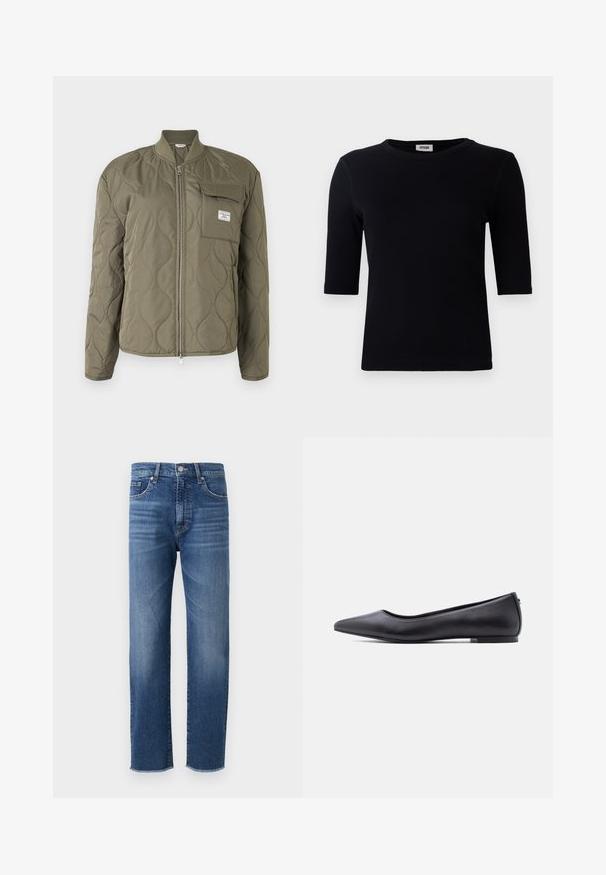 Veste matelassée vert olive avec fermeture éclair à l'avant, col côtelé et poche poitrine avec rabat et étiquette de marque.; T-shirt noir à côtes avec un col rond et des manches trois-quarts. Le tissu a une texture lisse et une ligne d'ourlet droite. Pas de marque visible.; Jean en denim bleu avec une coupe droite, présentant une finition délavée, un style à cinq poches et un ourlet effiloché.; Chaussure plate en cuir noire à bout pointu avec petit talon, vue de profil sur fond blanc.