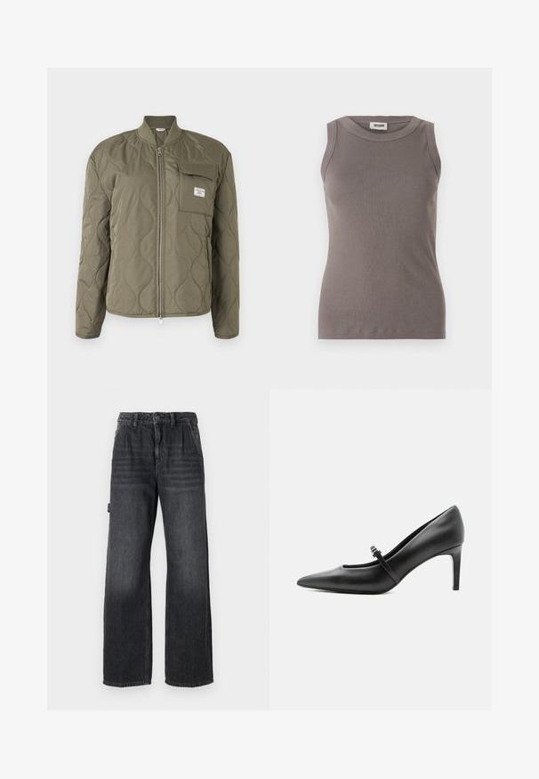 Olivengrøn quiltet jakke med frontlynlås, ribbet krave og brystlomme med klap og mærkeetiket.; Grå ribbede tanktop med rund halsudskæring og ærmeløs design, lavet af et blødt, tekstureret stof. Enkel, tætsiddende silhuet.; Bredde bukser i mørkegrå denim med høj talje, forlommer og diskret slidmærker på lårene. Kontrastsyning.; Sort læderspids højhælede sko med tynd rem og spænde over vristen, stående på en neutral lys baggrund.