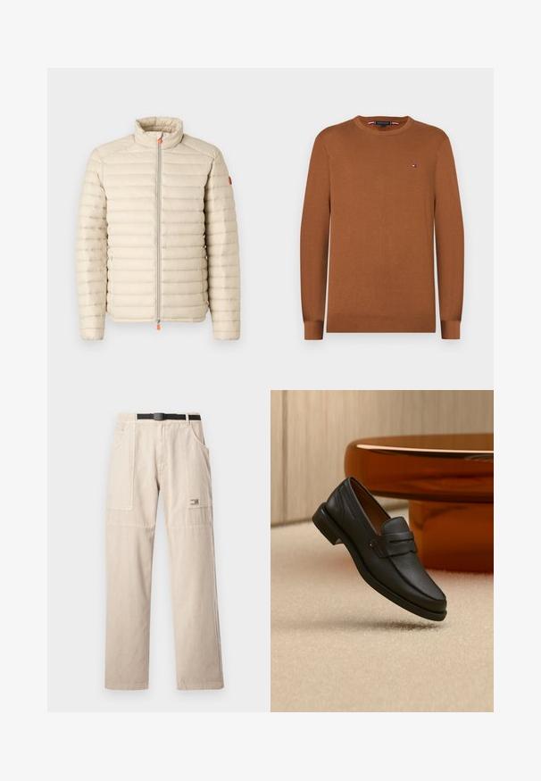 Save the duck ALEXANDER - Veste mi-saison - beige; Pull en maille marron avec un col rond et des manches longues. Petit logo sur la poitrine. Texture douce et poignets côtelés.; Pantalon cargo beige à jambe droite, avec passants pour ceinture, grandes poches latérales et une petite étiquette de marque sur la cuisse gauche. Matière en coton.; Mocassin homme en cuir noir avec une bande sur le dessus, présenté sur un tapis beige près d'une table ronde moderne marron.