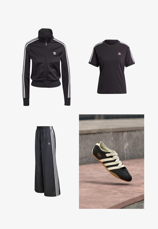 Zwarte sportjack gemaakt van glad, lichtgewicht materiaal. Heeft een hoge kraag, ritssluiting en drie witte strepen op elke mouw.; Zwart katoenen t-shirt met korte mouwen en ronde hals, met witte strepen op de schouders en een klein wit Adidas-logo op de borst.; Zwarte sportbroek van lichtgewicht materiaal, met drie witte verticale strepen en een elastische tailleband met trekkoord.; Zwart sportschoen met crèmekleurige strepen en veters, met een laag profiel, gladde textuur en een rubberen zool voor grip. Merkenlabel zichtbaar.