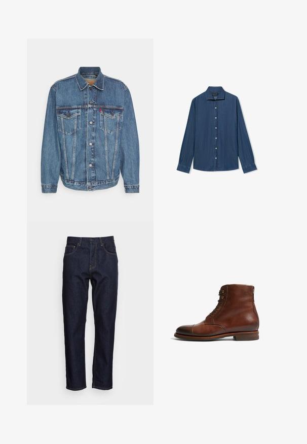 Jeansjacke in Mittelblau mit Knopfverschluss, zwei Brusttaschen und klassischem Kragen. Mit Zierstichen und lässiger Passform.; Langärmliges, knöpfbares Denim-Hemd mit spitzem Kragen und weißen Knöpfen, auf einem weißen Hintergrund flach ausgelegt.; Dunkelblaue Denim-Jeans mit geradem Schnitt, fünf Taschen und kontrastierendem gelben Nähten. Mit einem klassischen Knopf- und Reißverschluss ausgestattet.; Braune Leder-Stiefeletten mit runder Zehenform, 6 Ösen und einer glatten, strukturierten Oberfläche. Mit niedrigem, gestapeltem Absatz und kontrastierenden Nähten.