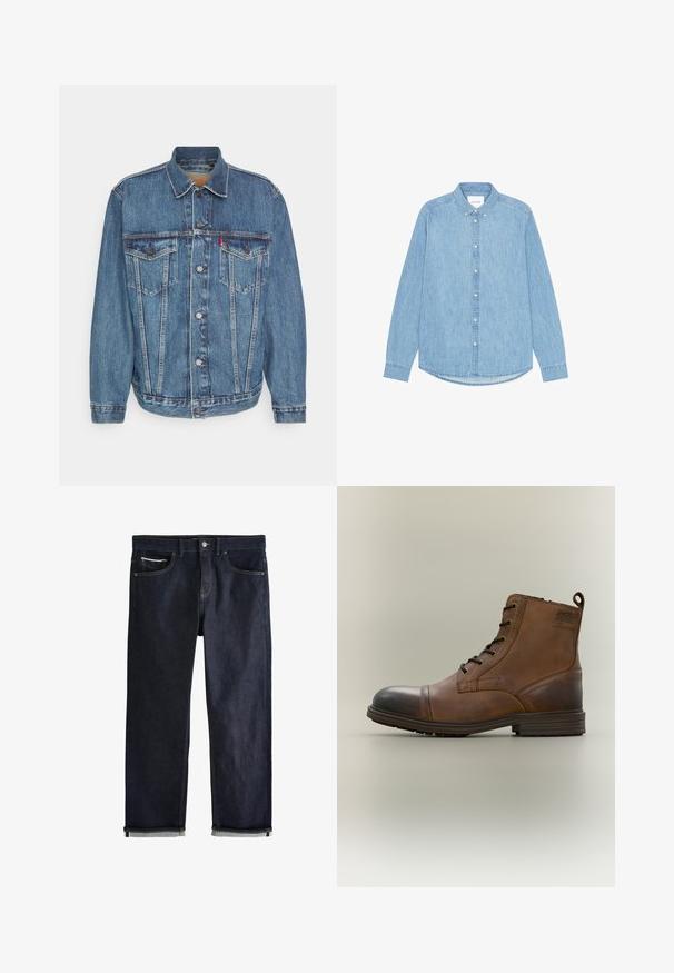 Chaqueta de vaquero en azul medio con cierre de botones, dos bolsillos en el pecho y cuello clásico. Cuenta con detalles de costura y un corte relajado.; Camisa de mezclilla azul claro con botones, mangas largas, cuello puntiagudo y dobladillo redondeado. Cuenta con cierre frontal de botones y pequeño detalle de logotipo.; Vaqueros de mezclilla azul oscuro con un ajuste recto clásico, que cuentan con cinco bolsillos, cierre de botones y puños doblados que muestran un forro azul claro.; Bota de cuero marrón con cordones hasta el tobillo, puntera negra, suela redonda y detalle de marca en el lateral sobre un fondo liso.