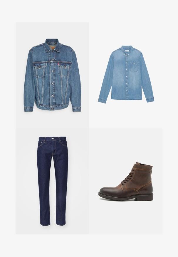 Jeansjacke in Mittelblau mit Knopfverschluss, zwei Brusttaschen und klassischem Kragen. Mit Zierstichen und lässiger Passform.; Hellblaues Denim-Hemd mit Knopfleiste, langen Ärmeln, spitzem Kragen, einer Brusttasche und dezentem Verblassen des Stoffes.; Marineblaue Denim-Jeans mit geradem Schnitt, fünf Taschen, kontrastierendem orangenem Nahtdesign und einem silbernen Knopfverschluss an der Taille.; Jack & Jones JFWDELANEY BOOT - Schnürstiefelette - cognac