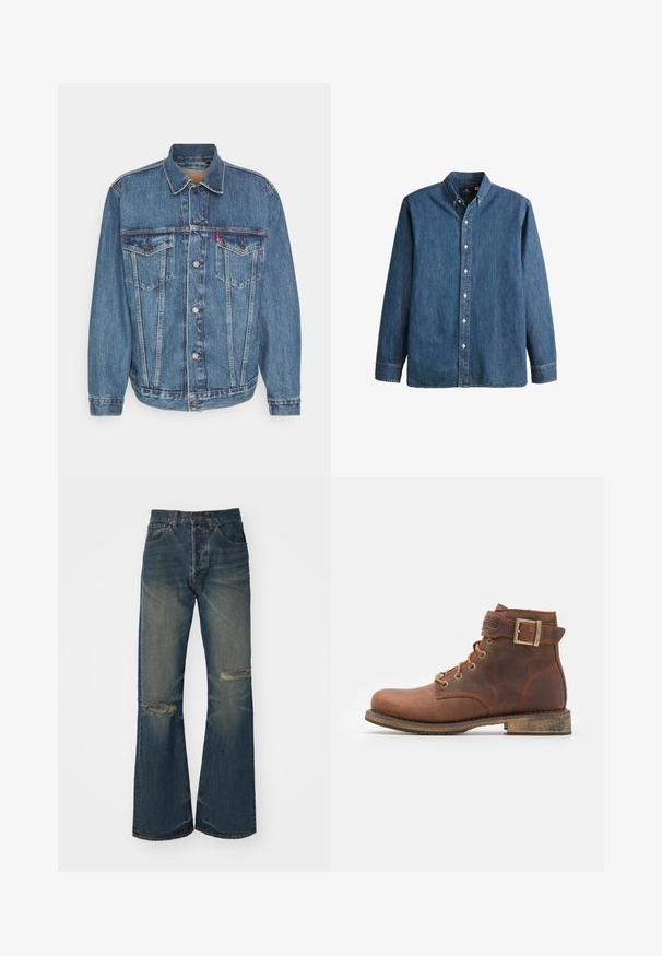 Chaqueta de vaquero en azul medio con cierre de botones, dos bolsillos en el pecho y cuello clásico. Cuenta con detalles de costura y un corte relajado.; Camisa de mezclilla de botón en azul medio, con mangas largas, collar puntiagudo, botones blancos y un corte ajustado con un sutil bordado de logo.; Jeans de mezclilla azul acampanados con acentos descoloridos y roturas en las rodillas. Presenta una cintura alta y un diseño de cinco bolsillos, terminado con un cierre de botón.; Harley Davidson VNTGMOTO SHORT RIDING APPROVED - Botines camperos - brown