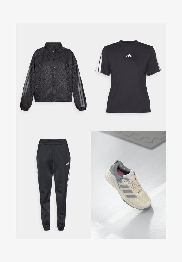 Must have musternäidiga must jope, nööpidega esitamine, elastsed mansetid ja vertikaalsed läbi paistvad triibud varrukatel.; Must maal sport särk pehmest kangast, millel on ümmargune kaelus, lühikesed varrukad ja iga õla peal kolm valget triipu. Valge logo rinnal.; Must have elastseemiga pehmendatud mustad spordipüksid kitsenevate jalgadega ja valged küljeribad. Vasakul reiele on disainitud väike hall trefoil logo.; Beez atletik kingad hallide aktsentidega, võrkkattega ja tekstureeritud tallaga. Omab kolme halli triipu ja roosa sisekujundusega detaile.