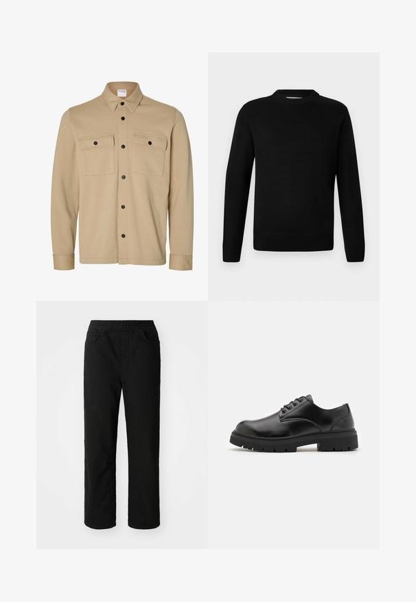 Beige langærmet skjortejakke med sorte trykknapper, to frontlommer med klap og en klassisk krave fra Selected Homme-mærket.; Sort langærmet rundhalset strikket sweater med ribbede manchetter og nederdel, vist på en ensartet lys baggrund.; Sorte bomuldsbukser med en afslappet pasform, elastisk talje, to frontlommer og lige ben. Glat tekstur uden synlige mønstre.; Sorte lædersko med rund tå, snørelukning og en tykk, struktureret gummisål. Har syninger langs kanten og en glat overflade.