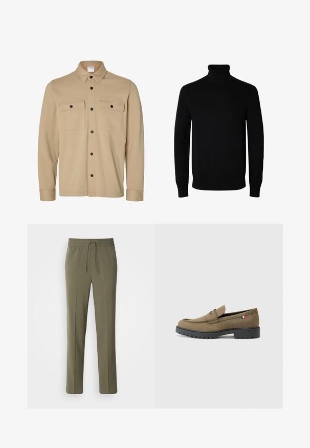 Beige overhemdjack met lange mouwen, zwarte drukknopen, twee voorzakken met klep en een klassieke kraag van het merk Selected Homme.; Zwarte coltrui met lange mouwen met geribde boorden en zoom, afgebeeld op een effen witte achtergrond.; Olijfgroene, lichte broek met een elastische tailleband en verstelbaar trekkoord; recht model en een gladde textuur.; Bruine suede instappers met een ronde neus, zwarte rubberen zool en decoratieve stiksels. Voorzien van een klein accent in rood, wit en blauw.