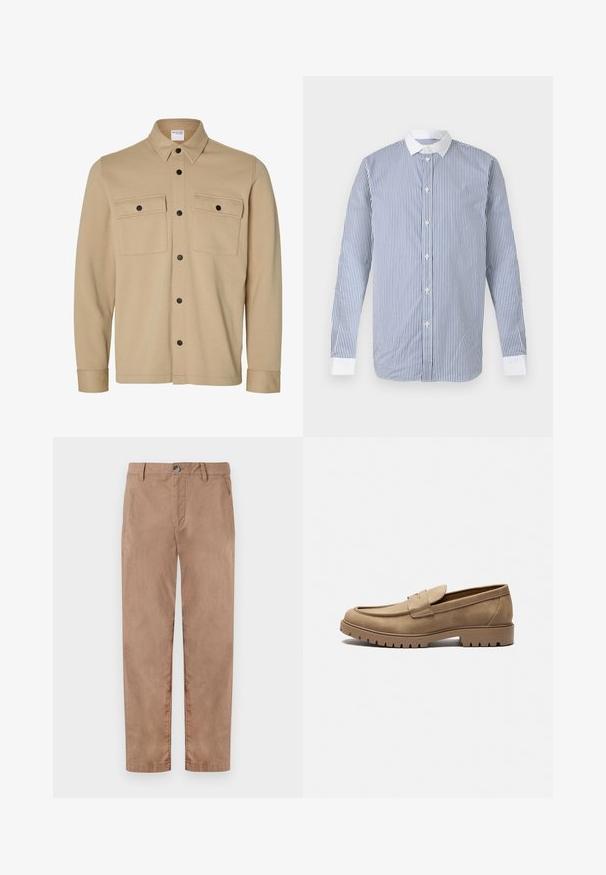 Beige langærmet skjortejakke med sorte trykknapper, to frontlommer med klap og en klassisk krave fra Selected Homme-mærket.; Langærmet skjorte med knapper, med lodrette blå og hvide striber, hvid krave og hvide manchetter på en ensfarvet baggrund.; TOM TAILOR REGULAR WASHED - Chino - caribou beige; Tan mockasiner i ruskind med rund tå, flad gummisål og dekorative syninger på overdelen. Har et slip-on design uden snørebånd.