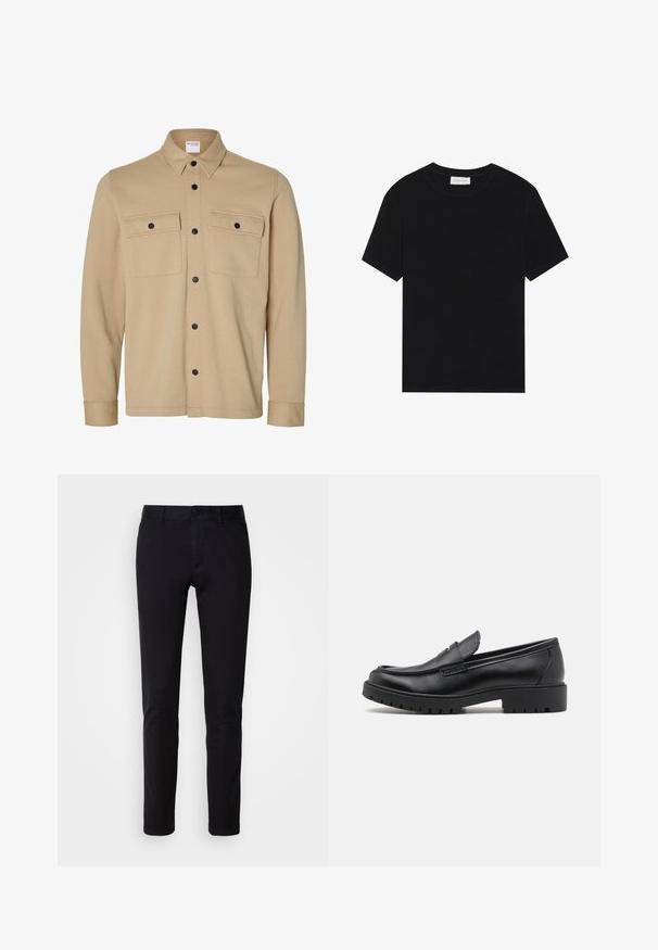 Beige Hemdjacke mit langen Ärmeln, schwarzen Druckknöpfen, zwei vorderen Klappentaschen und klassischem Kragen von der Marke Selected Homme.; Schwarzes T-Shirt mit kurzen Ärmeln aus geripptem Stoff, mit Rundhalsausschnitt und einer schlichten, kastigen Silhouette.; Schwarze Hosen aus glattem Baumwollstoff, mit geradem Bein, Fronttaschen, Knopfverschluss und sauberem Finish.; Schwarze Lederloafers mit runder Zehenform, eleganter Schlupfdesign und dicker Gummisohle mit strukturiertem Griff. Erhöhter Absatz und dezente Nähdetails.