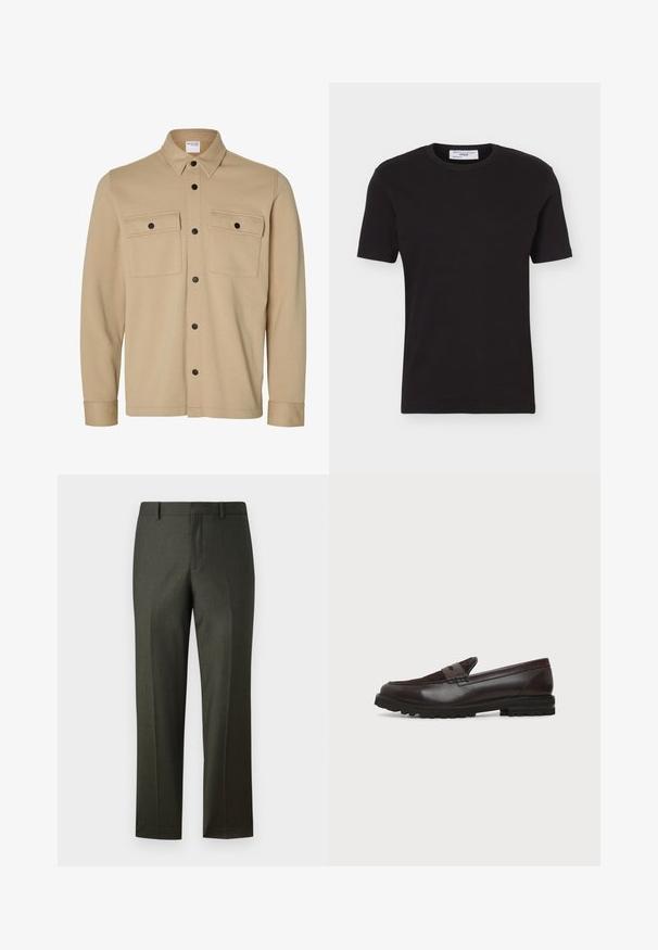 Beige Hemdjacke mit langen Ärmeln, schwarzen Druckknöpfen, zwei vorderen Klappentaschen und klassischem Kragen von der Marke Selected Homme.; Schwarzes T-Shirt mit kurzen Ärmeln, Rundhalsausschnitt und regulärer Passform mit Marc O'Polo Denim Label innen am Kragen.; Dunkelgrüne, maßgeschneiderte Hose mit glatter Textur, geradem Schnitt, Gürtelschlaufen und Bügelfalten. Keine sichtbaren Taschen oder Verzierungen.; Dunkelbrauner Leder- und Wildleder-Pennyloafer mit grober schwarzer Gummisohle, Seitenansicht vor weißem Hintergrund.