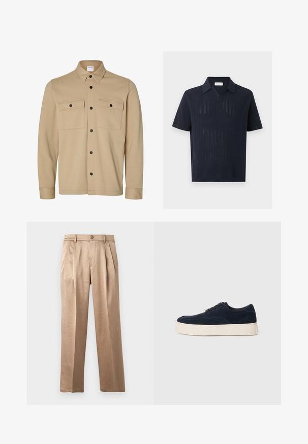 Beige langærmet skjortejakke med sorte trykknapper, to frontlommer med klap og en klassisk krave fra Selected Homme-mærket.; Mørkeblå kortærmet strikket polo med tekstureret lodret ribmønster og en afslappet krave, vist på en ensfarvet baggrund.; Beige bukser med afslappet pasform, plooer, knaplukning og bæltestropper. Fremstillet af letvægtsstof med en glat tekstur og lige ben.; Mørkeblå ruskinds sneakers med rund tå, kontrasterende cremefarvet gummisål og fem sorte snørehuller. Rent design med minimal detaljer.