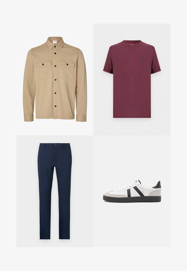 Chaqueta camisa beige de manga larga con botones a presión negros, dos bolsillos frontales con solapa y cuello clásico de la marca Selected Homme.; Camiseta lisa de manga corta con cuello redondo en burdeos con un pequeño emblema oscuro en el pecho izquierdo de Pier One.; Pantalones azul marino hechos de una tela suave, con cierre de botón, bolsillos frontales y un diseño a medida con pierna recta.; Zapatilla blanca con acentos en negro y gris, que presenta una puntera texturizada en gris, suela de goma negra y cordones planos blancos. Diseño limpio, estilo minimalista.