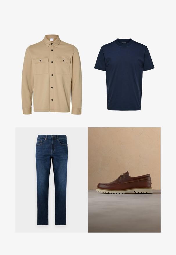 Beige Hemdjacke mit langen Ärmeln, schwarzen Druckknöpfen, zwei vorderen Klappentaschen und klassischem Kragen von der Marke Selected Homme.; Einfarbiges dunkelblaues Herren-T-Shirt mit kurzen Ärmeln und Rundhalsausschnitt, reguläre Passform, keine sichtbaren Muster oder Logos.; Dunkelblaue Jeans aus Denim mit geradem Bein, fünf Taschen, gestickten Details und einem klassischen Knopfverschluss.; Brauner Leder-Schnürschuh im Casual-Stil mit cremefarbener Gummisohle, schwebend über einem beigen Teppich in der Nähe eines Holzcouchtischs mit Büchern.