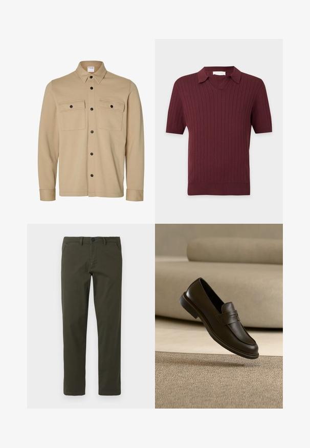 Beige Hemdjacke mit langen Ärmeln, schwarzen Druckknöpfen, zwei vorderen Klappentaschen und klassischem Kragen von der Marke Selected Homme.; Kurzärmliges burgunderrotes Strick-Poloshirt mit vertikalen Rippen und V-Ausschnitt.; Olivgrüne, gerade geschnittene Hosen aus Baumwoll-Mischgewebe. Mit Reißverschluss, Gürtelschlaufen und zwei seitlichen Taschen. Glatte Textur.; Ein einzelner dunkelbrauner Lederloafer schwebt über einem beigen, strukturierten Teppich, mit einem unscharfen beigen Sofa im Hintergrund.
