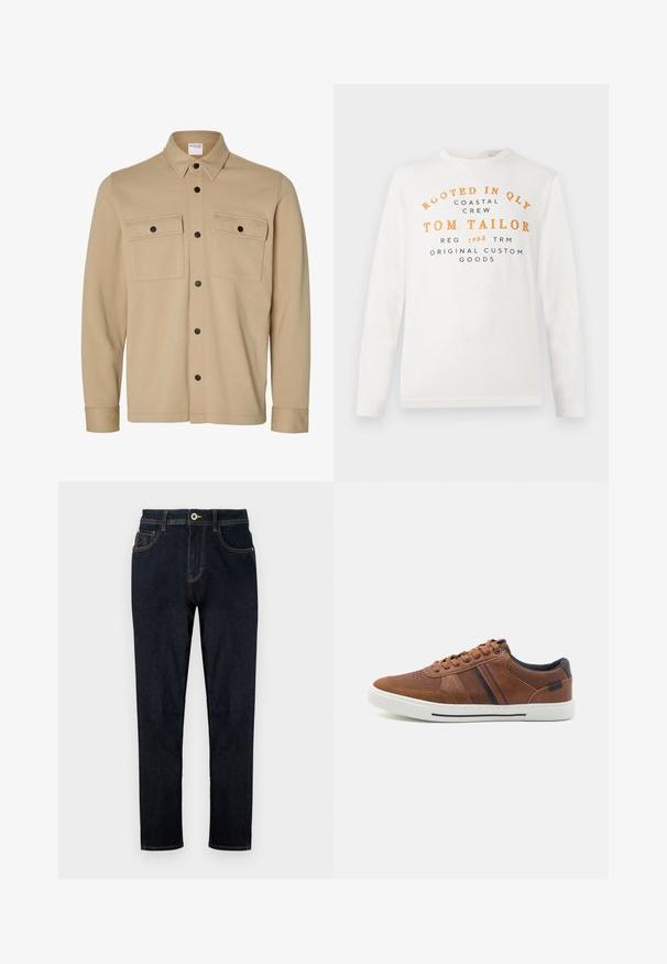 Beige Hemdjacke mit langen Ärmeln, schwarzen Druckknöpfen, zwei vorderen Klappentaschen und klassischem Kragen von der Marke Selected Homme.; Weißes Langarmshirt mit orangefarbener und schwarzer Schrift, auf der steht: "Rooted in QLY Coastal Crew Tom Tailor Reg 1962 TRM Original Custom Goods".; TOM TAILOR TTJOSH REGULAR SLIM FIT - Jeans Straight Leg - rinsed blue denim; Braune Leder-Sneaker mit glatter Textur, weißer Gummisohle, schwarzen Akzenten und dekorativen Nähten sowie seitlichen Streifen.