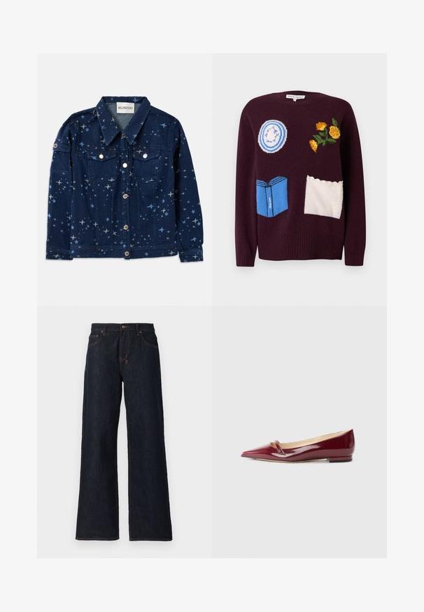 Denimjakke i mørkeblå med stjernemønster. Har to brystlommer, knaplukning og klassisk krave.; Vinrød strikket sweater med broderede motiver: en blå tallerken, gule blomster og en blå bog med hvide detaljer og bølgede accenter.; Mørkeblå vidde jeans lavet af denim, med orange syninger, to frontlommer og en knaplukning i taljen.; Bordeaux patenteret læderballerinaer med spids tå, der har en lille udskæring og en lav hæl. Glat tekstur og elegant design.