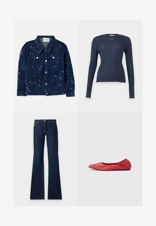 Dunkelblaue Jeansjacke mit Sternmuster. Verfügt über zwei Brusttaschen, Knopfleiste und klassisches Kragen-Design.; Marineblaues, langärmliges, geripptes Strickoberteil mit Rundhalsausschnitt, wellenförmigem Saum und Ärmelbündchen sowie dem "Stine Goya"-Logo auf der Brust.; Dunkelblaue Schlagjeans aus Denim mit fünf Taschen, Gürtelschlaufen und kontrastierendem gelben Stich entlang der Nähte.; Filippa K REY FLATS - Klassischer Ballerina - bright red