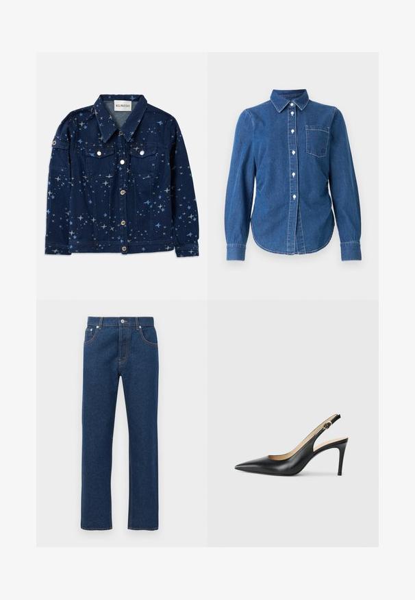 Veste en jean bleu foncé avec un imprimé à motifs d'étoiles. Elle dispose de deux poches poitrine, d'une fermeture à boutons et d'un col classique.; Chemise en denim bleu foncé à manches longues, avec un col, une poche poitrine unique et des boutons blancs. Des coutures légères ajoutent du détail.; Jean en denim bleu foncé à jambes droites avec poches avant et arrière, passants de ceinture, fermeture à bouton et couture orange visible.; Escarpins en cuir noir avec une pointe fine, une bride ajustable et un talon aiguille élégant, présentant une finition lisse.