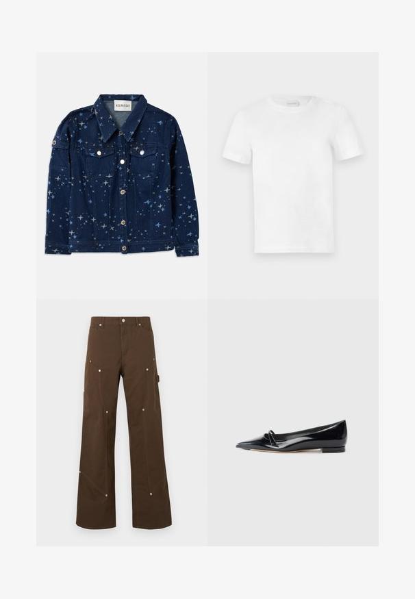 Denimjakke i mørkeblå med stjernemønster. Har to brystlommer, knaplukning og klassisk krave.; Hvid bomulds-T-shirt med rund halsudskæring og korte ærmer. Glat tekstur uden synlige mønstre eller detaljer. Simpelt, ubeklædt design.; Brune bukser med lige ben, for- og sidelommer, sølvnitter, bærestropper og lukning med knap på hvid baggrund.; Sorte patentlæder flade sko med spids tå, lille dekorativ rem og lav blokhæl. Glat tekstur og strømlinet design.