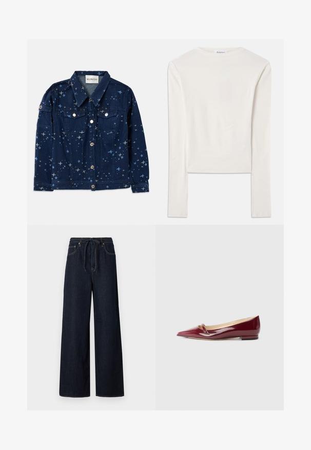 Veste en jean bleu foncé avec un imprimé à motifs d'étoiles. Elle dispose de deux poches poitrine, d'une fermeture à boutons et d'un col classique.; Haut à manches longues blanc en coton, dotée d'un col ras du cou simple et d'une coupe ajustée. Le tissu est lisse avec une légère élasticité.; Pantalons en denim larges de couleur bleu foncé avec une taille à cordon de serrage, conception standard à cinq poches et détails de couture contrastés.; Ballerines en cuir verni bordeaux avec un bout pointu, présentant un petit détail découpé et un petit talon. Texture lisse et design épuré.