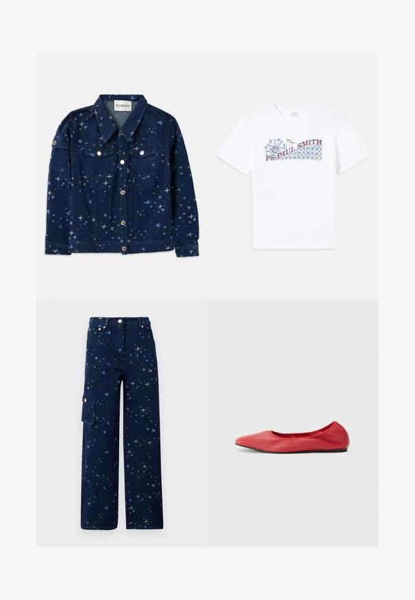 Denimjakke i mørkeblå med stjernemønster. Har to brystlommer, knaplukning og klassisk krave.; Hvid bomulds T-shirt med et farverigt grafik af et pariserhjul og en rutsjebane samt "PS Paul Smith" tekst i rød og blå.; Mørkeblå denim cargo bukser med stjernemønster, vide ben, forlommer og en sidelomme med knaplukning.; Filippa K REY FLATS - Ballerinasko - bright red