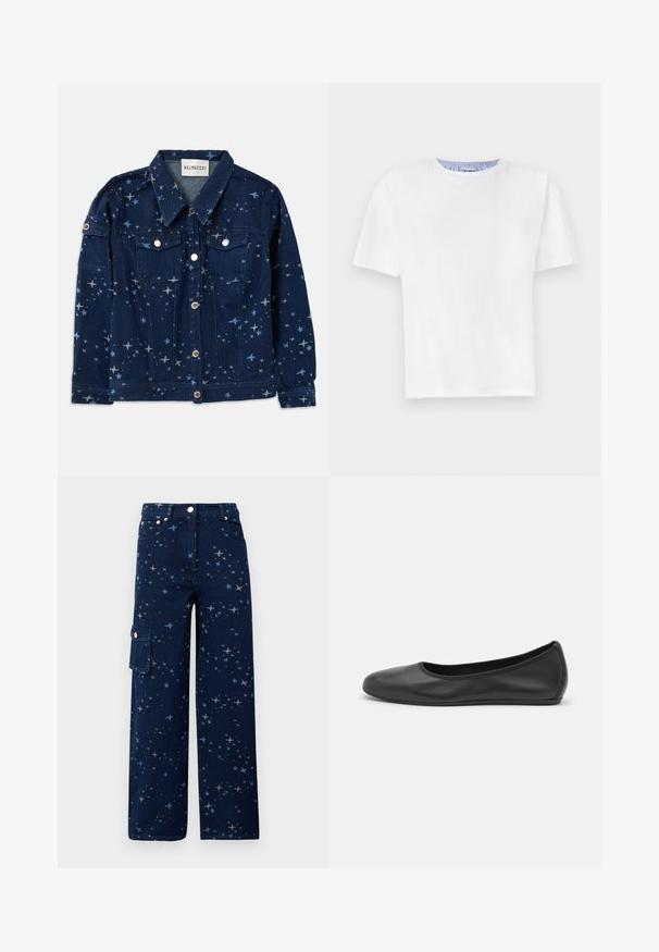 Veste en jean bleu foncé avec un imprimé à motifs d'étoiles. Elle dispose de deux poches poitrine, d'une fermeture à boutons et d'un col classique.; T-shirt blanc en coton avec un col rond. Présente des manches courtes et un détail rayé bleu à l'intérieur du col. Texture douce, coupe régulière.; Pantalon cargo en denim bleu foncé avec un motif d'étoiles, une coupe large, des poches avant et une poche latérale avec fermeture à bouton.; Ballerines en cuir noir avec un bout rond, texture lisse, détails de couture minimalistes et design de semelle flexible.