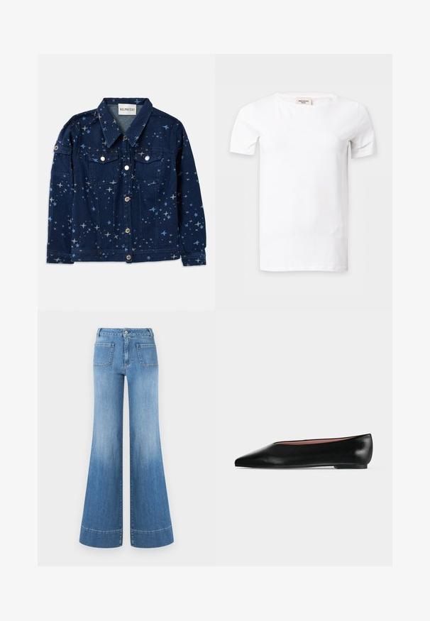 Veste en jean bleu foncé avec un imprimé à motifs d'étoiles. Elle dispose de deux poches poitrine, d'une fermeture à boutons et d'un col classique.; T-shirt blanc uni à manches courtes avec un col rond, présenté sur un fond gris clair.; Jean en denim bleu clair à coupe évasée avec une taille haute, présentant un lavage délavé, des coutures contrastantes et deux poches arrière. Bas évasé avec ourlets.; Chaussure plate en cuir noir pour femme, avec bout pointu et petit talon, vue de côté sur un fond gris clair uni.