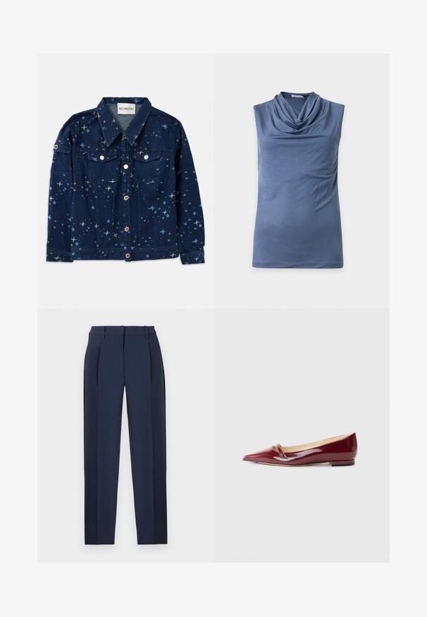 Denimjakke i mørkeblå med stjernemønster. Har to brystlommer, knaplukning og klassisk krave.; Ærmeløs blå top med draperet halsudskæring, lavet af blødt stof, vist fladt mod en lys baggrund.; Marineblå skræddersyede bukser med forreste læg, bæltestropper og lige ben, vist mod en hvid baggrund.; Bordeaux patenteret læderballerinaer med spids tå, der har en lille udskæring og en lav hæl. Glat tekstur og elegant design.