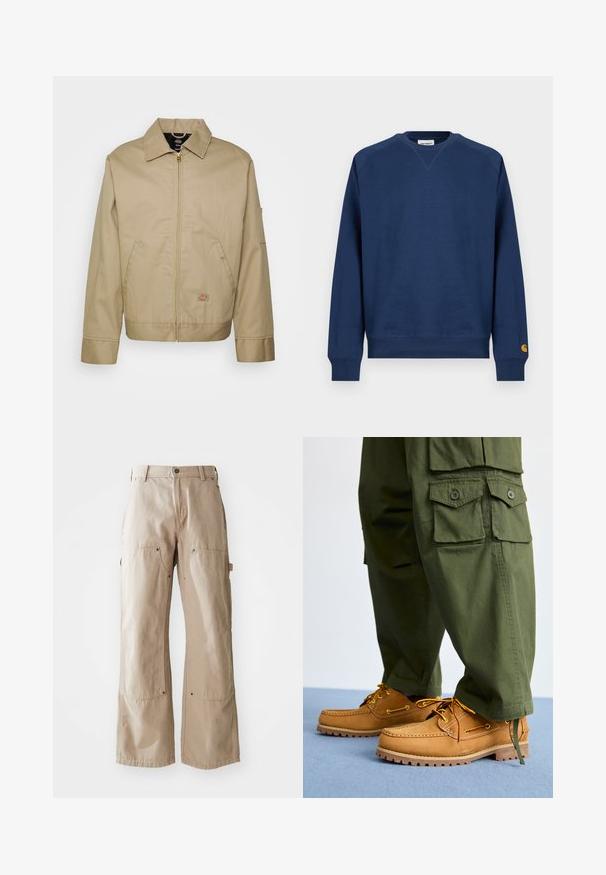 Veste en coton beige avec fermeture éclair, col classique, poches latérales et logo brodé. Présente une silhouette structurée avec un ourlet distinct.; Sweat-shirt bleu marine à col rond, avec poignets et ourlet côtelés. Présente un petit écusson logo sur la manche gauche. Confectionné en tissu doux.; Pantalons larges beige en coton robuste. Comprend des poches avant et latérales, des coutures visibles et des accents en métal sur les poches.; Timberland AUTHENTIC 3 EYE - Chaussures bateau - wheat