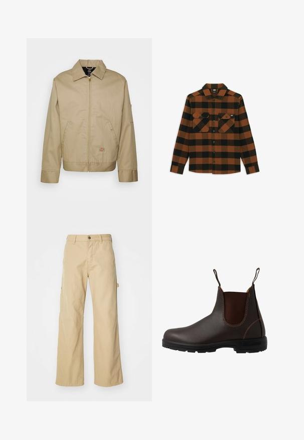 Beige katoenen jack met een ritsluiting, puntkraag, zijzakken en een logo-opdruk. Beschikt over een gestructureerde silhouet en zoomlijn.; Langarmshirt in een oranje en zwart geruit patroon, gemaakt van een gestructureerde stof. Heeft twee borstzakken en een knoopsluiting aan de voorkant.; Beige wijde cargo broek met een knoopsluiting, voorzien van zijzakken, gemaakt van stevig katoen, met een soepele textuur en een recht gesneden ontwerp.; Bruine leren Chelsea-laars met elastisch zijpaneel, bruine stiksels, trekriempjes en een duurzame rubberen zool met een gestructureerd patroon.