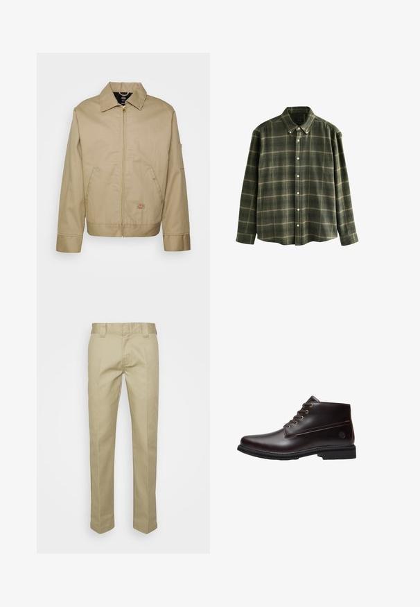 Beige katoenen jack met een ritsluiting, puntkraag, zijzakken en een logo-opdruk. Beschikt over een gestructureerde silhouet en zoomlijn.; Groene flanellen blouse met lange mouwen en een button-down kraag. Voorzien van een ruitpatroon in donkergroen en beige. Inclusief witte knopen.; Beige broeken gemaakt van een gladde stof, met een rechte pijpuitvoering, riemlussen en plooien aan de voorkant voor een gepolijste uitstraling.; Donkerbruine leren veterschoenen voor de enkels met zwarte zool en subtiel merklogo aan de zijkant, zijaanzicht tegen een witte achtergrond.