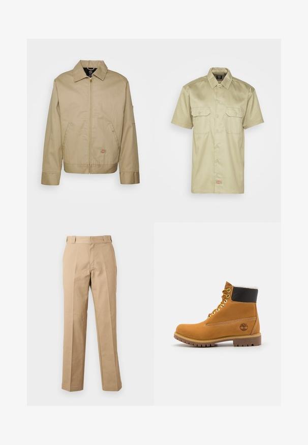 Veste en coton beige avec fermeture éclair, col classique, poches latérales et logo brodé. Présente une silhouette structurée avec un ourlet distinct.; Chemise à manches courtes, couleur kaki, à boutonner, avec un col, deux poches poitrine et un petit logo brodé en bas. Texture de tissu lisse.; Pantalon beige droit avec passants de ceinture, fermeture éclair à l'avant et plis marqués, présenté sur un fond blanc uni.; Bottine en cuir brun avec œillets en métal, doublure en fourrure blanche, col rembourré noir, semelle robuste et logo en relief sur le côté.